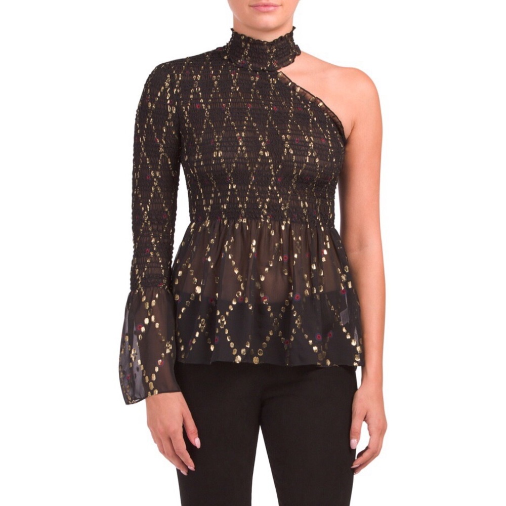 A.L.C. One shoulder one sleeve silk metallic gold thread mock neck top sz.0 - Picture 4 of 15